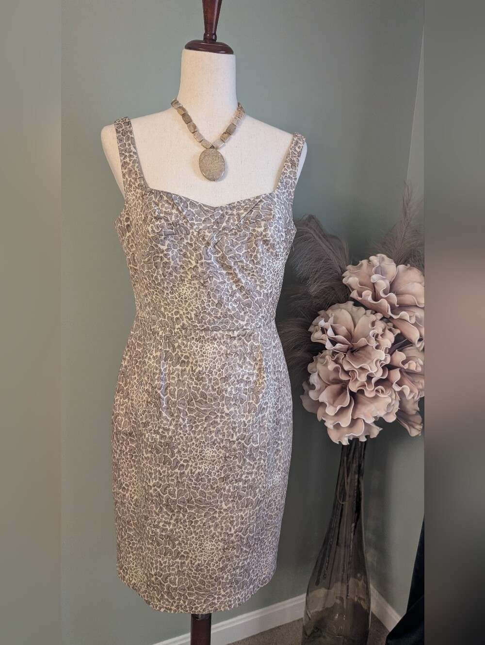 ANTONIO MELANI Taupe Leopard-Print Midi Sheath Dress